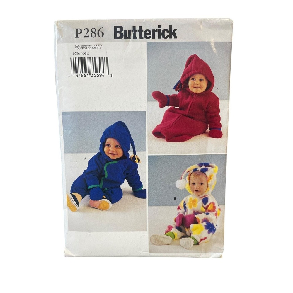 Butterick Sewing Pattern Infants NB-XL Bunting Hat Mittens P286 Hooded Zipper